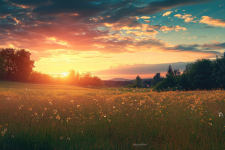 The Sun Sets Over a Wildflower Field, The quiet scene of a countryside bathed in the warm light of a midsummer sunset, AI Generatedの素材