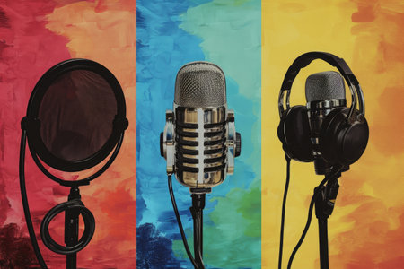 A photo of two microphones positioned next to each other, ready for a recording or performance, Picturizing the evolution of podcasting over the years, AI Generatedの素材