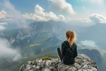 A woman peacefully sits atop a mountain, taking in the breathtaking view of the valley below, A woman enjoying a stunning view from a mountain top, AI Generatedの素材