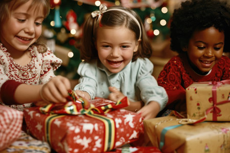 Children Opening Presents Under a Christmas Tree, Children unwrapping presents on Christmas morning, AI Generatedの素材