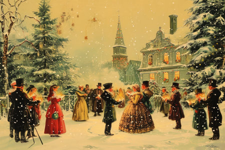 A painting depicting a group of individuals engaged in various activities in a snowy landscape, A Victorian Christmas scene with people singing carols, AI Generatedの素材