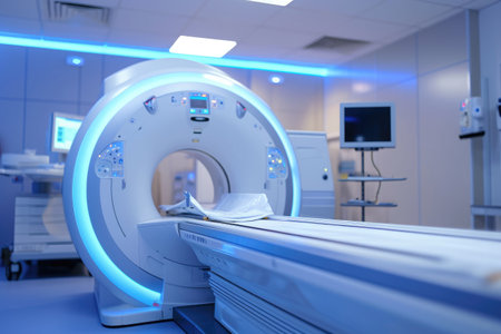 A hospital room with a prominently placed large medical machine, A high-tech MRI scanner in a clinical setting, AI Generatedの素材