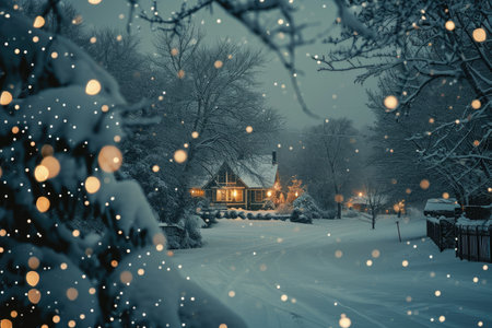 A winter scene of a street covered in snow with a house in the background, A peaceful winter snowfall on Christmas Eve, AI Generatedの素材