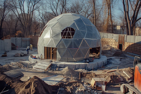 Large Dome-like Structure on Construction Site, A geodesic dome construction using high tech materials and equipment, AI Generatedの素材