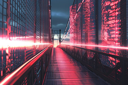 A photo capturing the striking visual effect of long exposure, showcasing a bridge illuminated by vivid red lights, A secure internet gateway portrayed as a guarded bridge, AI Generatedの素材