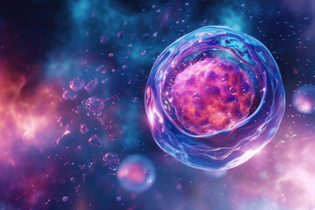 An image capturing a distinctive purple and blue object amidst the vast expanse of space, A visually stimulating depiction of a stem cell, AI Generatedの素材