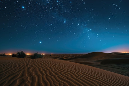 A clear night sky over a desert displaying a multitude of stars shining brightly, A starlit night sky over a tranquil desert, AI Generatedの素材
