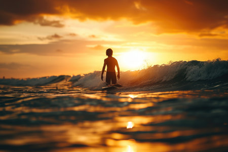 A man stands on a surfboard as the sun sets over the ocean, A teenager surfing during a golden sunset, AI Generatedの素材