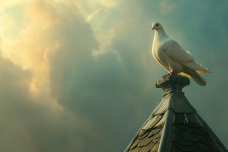A white bird perches on top of a rooftop, surveying its surroundings, A peaceful white dove perched on a church steeple, AI Generatedの素材
