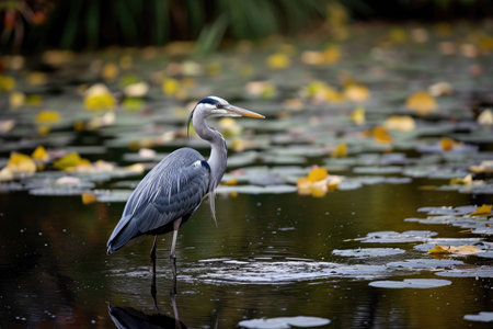 A bird stands in a body of water, representing a typical behavior of birds in their natural habitat, A patient heron standing in a serene pond, waiting for fish, AI Generatedの素材