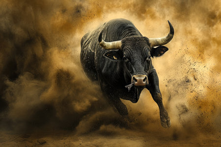 A powerful bull charges through the dusty desert landscape, kicking up clouds of sand as it runs, A dramatic image of a raging bull charging, AI Generatedの素材