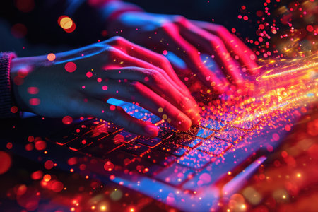 A person is typing on a computer keyboard illuminated by vibrant colorful lights, A person using a computer protected by an invisible force field, AI Generatedの素材