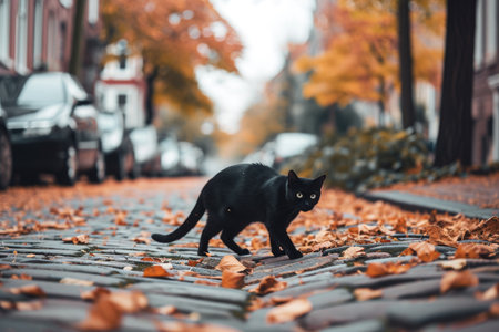 A black cat crosses a street covered in fallen leaves, A black cat crossing a cobblestone street on Halloween, AI Generatedの素材