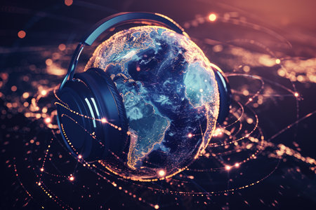 A photo capturing a globe with a pair of headphones placed on top of it, A creative depiction of the global reach of podcasts, AI Generatedの素材