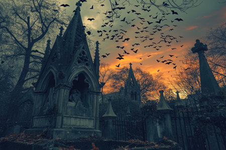 Bats fly over a cemetery, creating an eerie scene against the backdrop of the evening sky, A bat-filled sky background above an old gothic cemetery, AI Generatedの素材