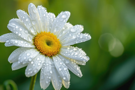 A detailed shot of a flower showcasing water droplets on its petals, View of a dew-drenched daisy through a macro lens, AI Generatedの素材