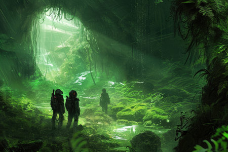 A group of individuals is walking together through a lush and green forest, surrounded by towering trees and vibrant foliage, Space travellers exploring an alien jungle, AI Generatedの素材