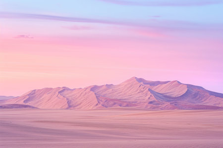 A vast desert landscape featuring prominent mountains in the distance, Vast desert with pastel-colored sky, AI Generatedの素材