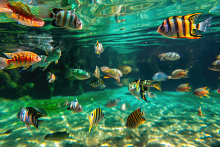 A diverse assortment of fish swim together in a captivating display within the confines of an aquarium, Underwater view of whimsical, colorful fish in a clear blue river, AI Generatedの素材