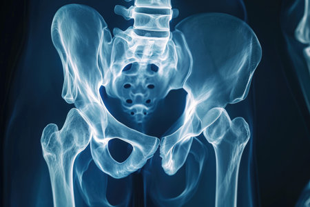 Detailed X-Ray Image of a Human Skeleton With All Bones Intact, X-ray film of a human hip joint in 3D, AI Generatedの素材