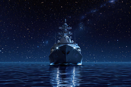 A massive ship floats atop the expansive body of water, showcasing its sheer size and presence, Stealthy military cruiser gliding silently under brilliant starlit night, AI Generatedの素材