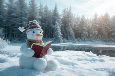 A snowman sits in the snow holding a book in its twig arms, Snowman reading a book by a frozen lake, surrounded by pine trees, AI Generatedの素材