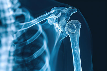 This photo depicts an x-ray image of the shoulder and the bones within it, X-ray visual of a human shoulder in 3D, AI Generatedの素材