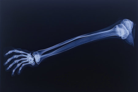 An x-ray image showcasing the detailed structure of a human skeletons arm and hand, Projection of a 3D X-ray view of the human humerus, AI Generatedの素材