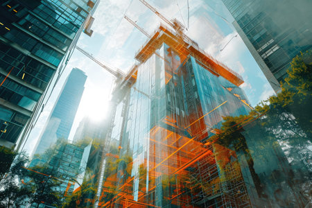 A towering building with a construction crane positioned on its rooftop overlooks the bustling city below, Skyscraper construction in future world seen in a double exposure effect, AI Generatedの素材