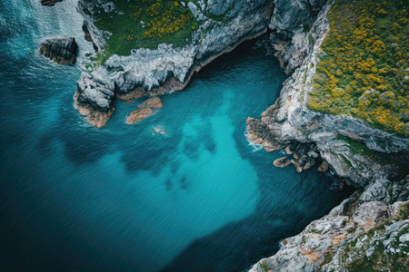 This photo captures an aerial perspective of a stunning body of water encircled by towering cliffs, Panoramic aerial view of a rocky coastline meeting the sea, AI Generatedの素材