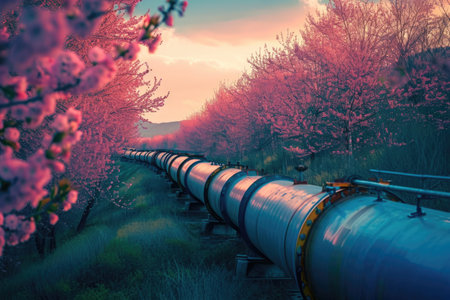 A train is seen traveling through a lush green countryside, surrounded by picturesque landscapes, Industrial pipelines amidst spring cherry blossom trees, AI Generatedの素材
