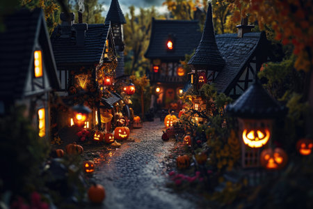 A festive Halloween village featuring a variety of pumpkins and jack-o-lanterns, Halloween night in a small village filled with trick or treaters, AI Generatedの素材