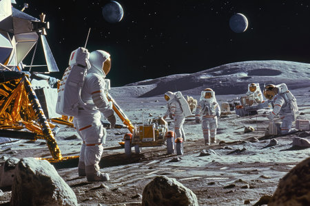 Group of People Standing on Top of the Moon During Mission, Moon base with lunar rovers and astronauts conducting research, AI Generatedの素材