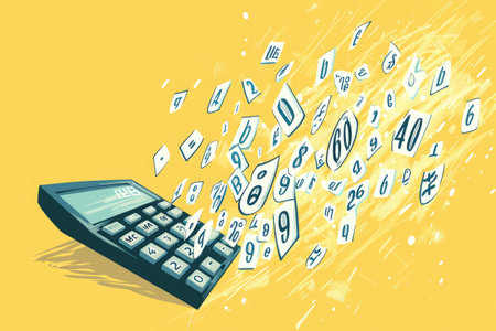 A calculator soars through the air, releasing streams of numerical digits into the surrounding environment, Illustration of numbers flowing from a calculator into a ledger, AI Generatedの素材