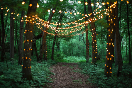 A well-lit path weaves through a dense forest, adorned with twinkling lights, Lush green forest with fairy lights creating a perfect canopy for a wedding, AI Generatedの素材