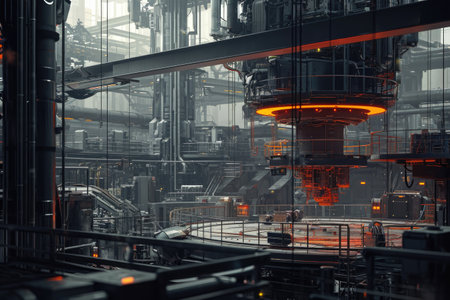 A large-scale factory filled with numerous machines and machinery, all diligently working to produce various products, Interior of a fully automated construction factory, AI Generatedの素材