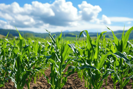 A field brimming with green plants stretches out beneath a sky filled with fluffy white clouds, Genetically modified crops in a thriving field, AI Generatedの素材