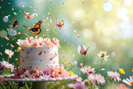 A vibrantly decorated cake featuring an arrangement of flowers and animated butterflies in flight, Garden party with bees and butterflies celebrating a flowery birthday, AI Generatedの素材