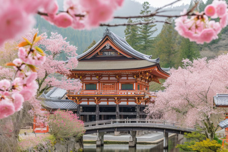 A stunning pagoda stands tall with vibrant cherry blossoms in the foreground, while a bridge spans the background, Cherry blossom trees surrounding an ancient Japanese temple, AI Generatedの素材
