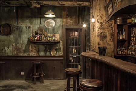 A dimly lit bar showcasing stools and shelves, creating a cozy and relaxed atmosphere, A 1920s Chicago speakeasy during prohibition, AI Generatedの素材