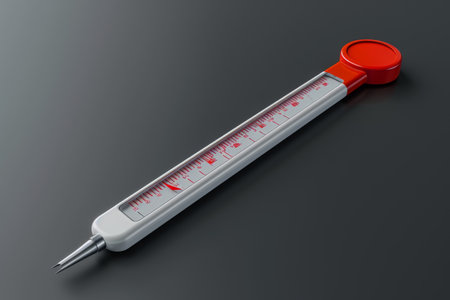 A functional thermometer with a red handle, resting on a black surface, providing accurate temperature readings, 3D rendering of an electronic thermometer, AI Generatedの素材
