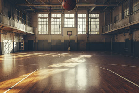 An image of an empty basketball court with a basketball suspended from the ceiling, A basketball court inside a spacious gym, AI Generatedの素材