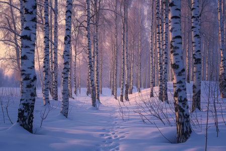 A snowy path winding through a forest filled with tall trees covered in snow, A bare, snowy birch forest in twilight, AI Generatedの素材