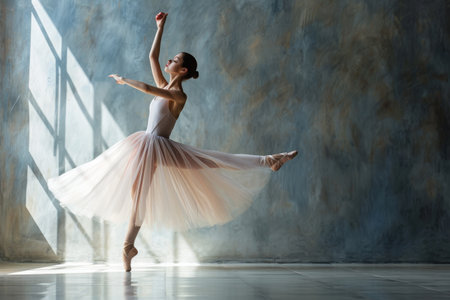 A woman elegantly moves and dances in a flowing white dress, A ballerina practicing in a studio - the elegance of dance as fitness, AI Generatedの素材