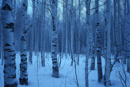 A forest filled with numerous towering trees covered in a thick layer of snow, A bare, snowy birch forest in twilight, AI Generatedの素材