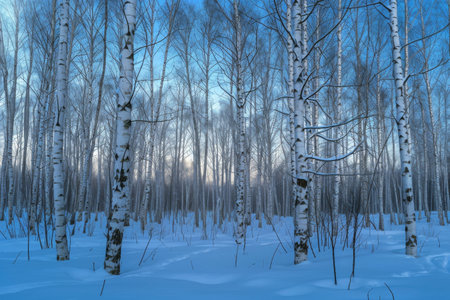 Several trees covered in snow stand together amidst a winter landscape, A bare, snowy birch forest in twilight, AI Generatedの素材