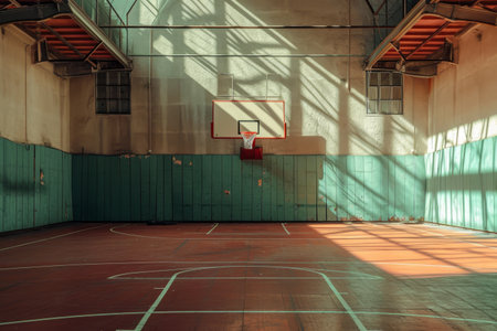An indoor basketball court showcasing a basketball hoop, ready for intense gameplay, A basketball gym with homage to the greats, AI Generatedの素材