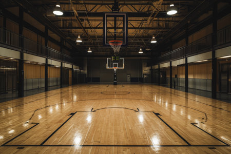 An outdoor basketball court featuring a basketball hoop positioned in the center, A basketball gym with homage to the greats, AI Generatedの素材