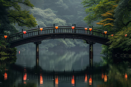 A bridge spanning over a picturesque body of water, with lush trees providing a scenic backdrop, A bridge above a serene lake with heart-shaped lanterns reflecting off the water, AI Generatedの素材