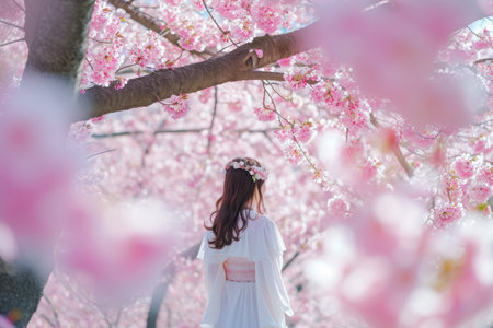 A woman dressed in a white dress stands beneath a blooming cherry blossom tree, A birthday under the cherry blossoms tree, AI Generatedの素材